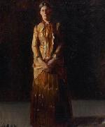 Michael Ancher Portrait of Anna Ancher Standing in a Yellow Dress by her husband Michael Ancher painting